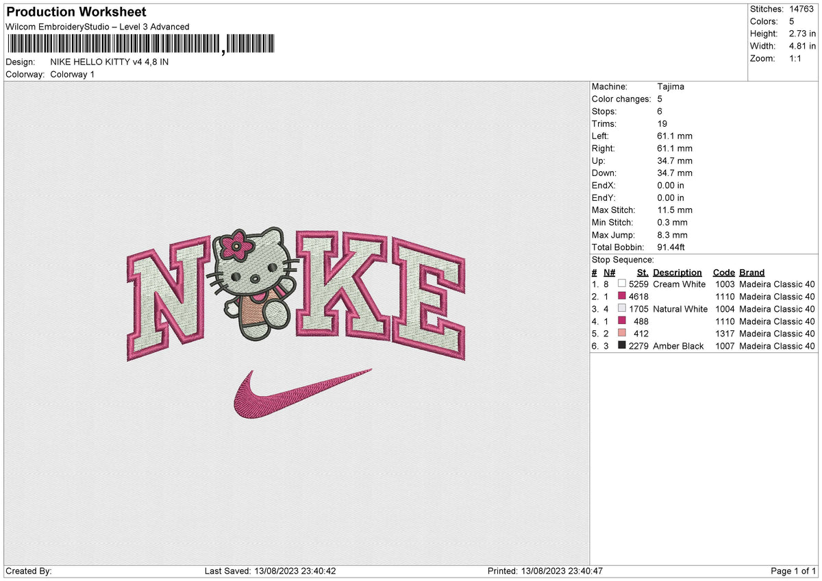 NIKE hellow kitty v4 Embroidery File 6 size