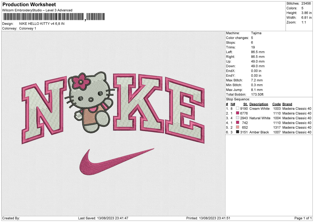 NIKE hellow kitty v4 Embroidery File 6 size
