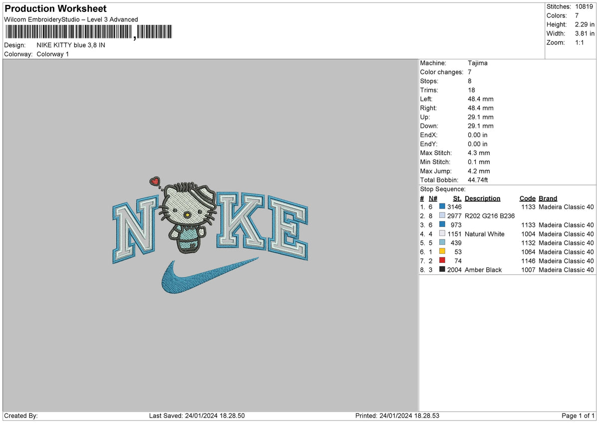 Nike Kitty Blue Embroidery File 6 sizes