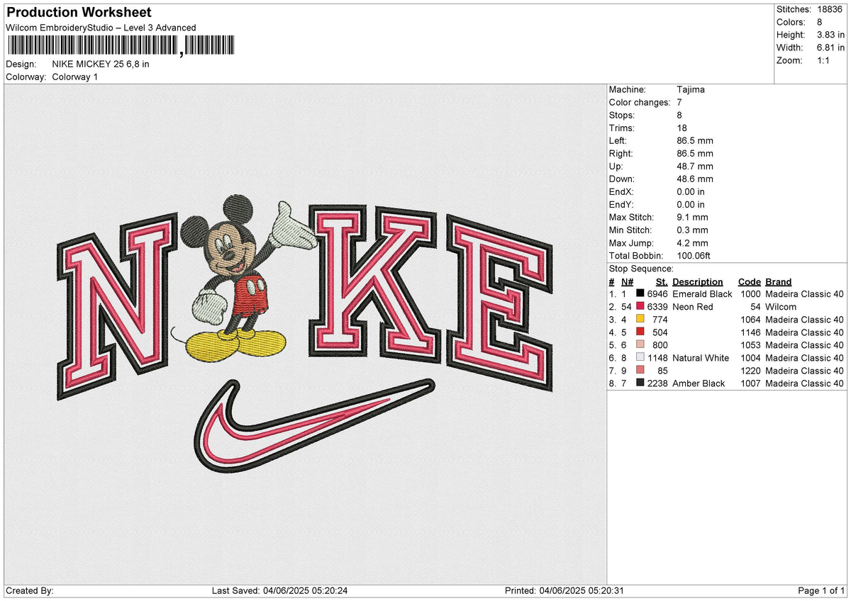 NIKE MICKEY 25 Embroidery File 6 size