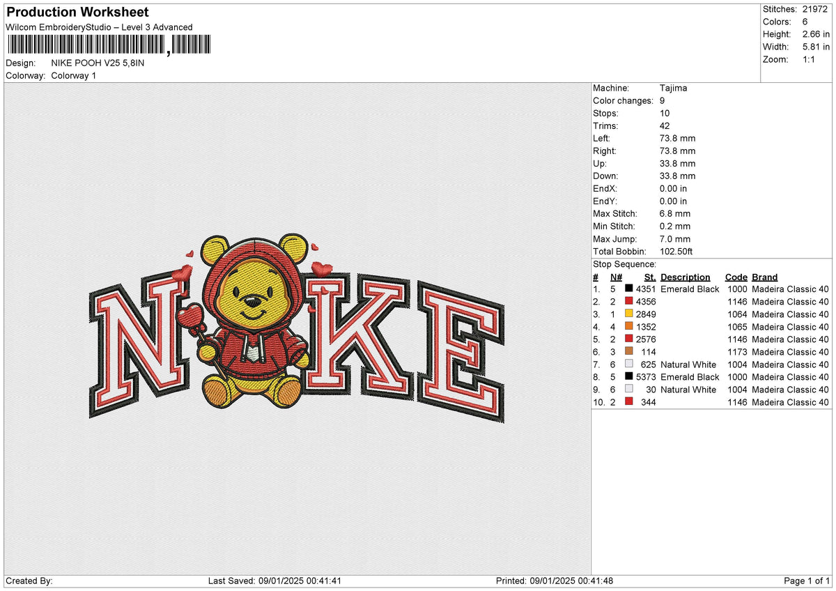 NIKE POOH V25 Embroidery File 6 size