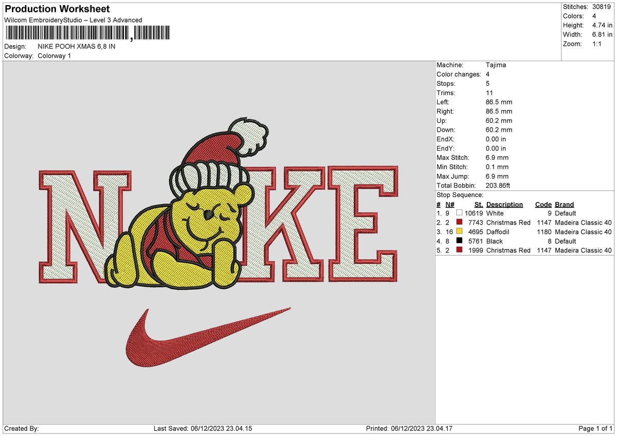Nike Pooh Xmas Embroidery File 6 sizes