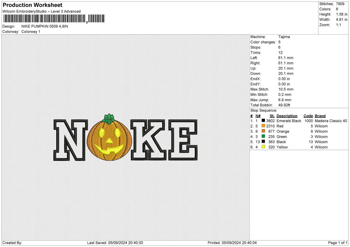 NIKE PUMPKIN 0509 Embroidery File 6 size
