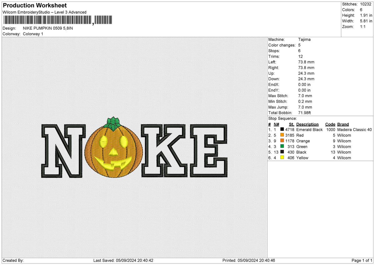 NIKE PUMPKIN 0509 Embroidery File 6 size