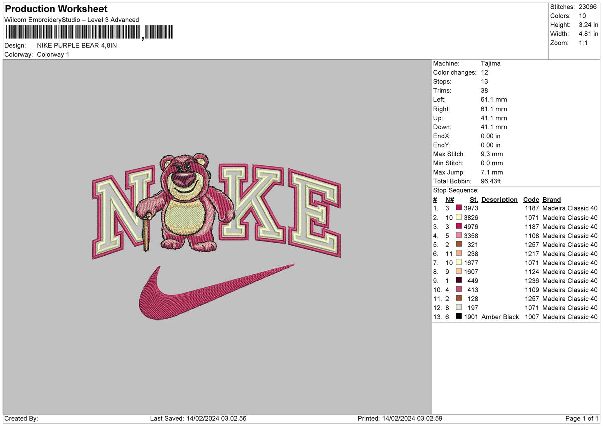 Nike Purple Bear Embroidery File 6 sizes