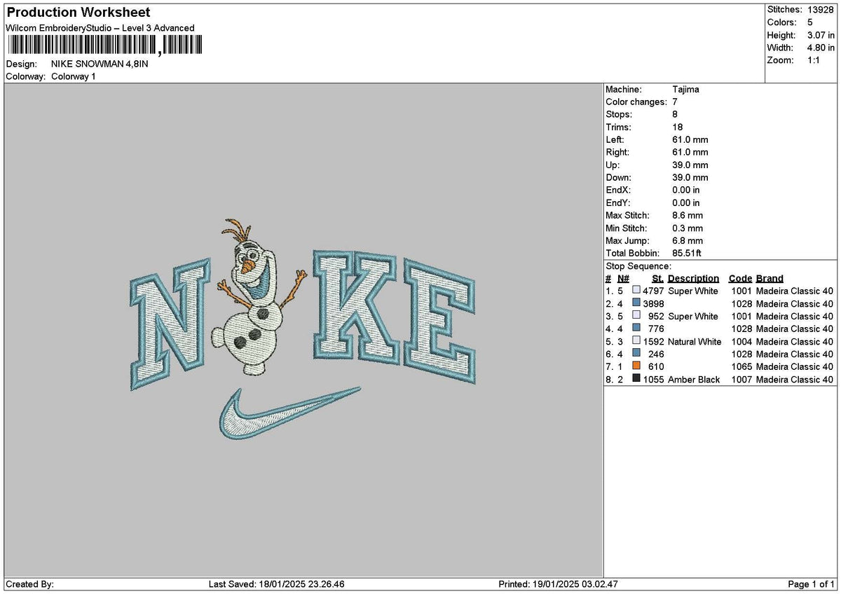 Nike Snowman 1901 Embroidery File 6 sizes