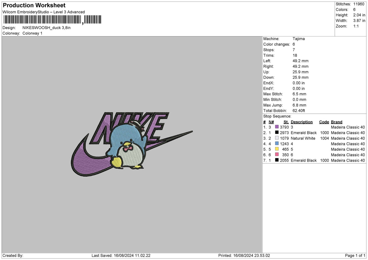 Nike Swoosh Duck Embroidery File 6 sizes