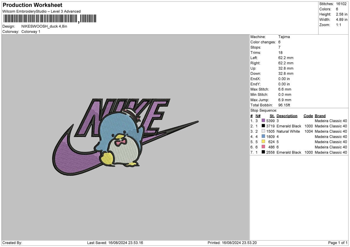 Nike Swoosh Duck Embroidery File 6 sizes
