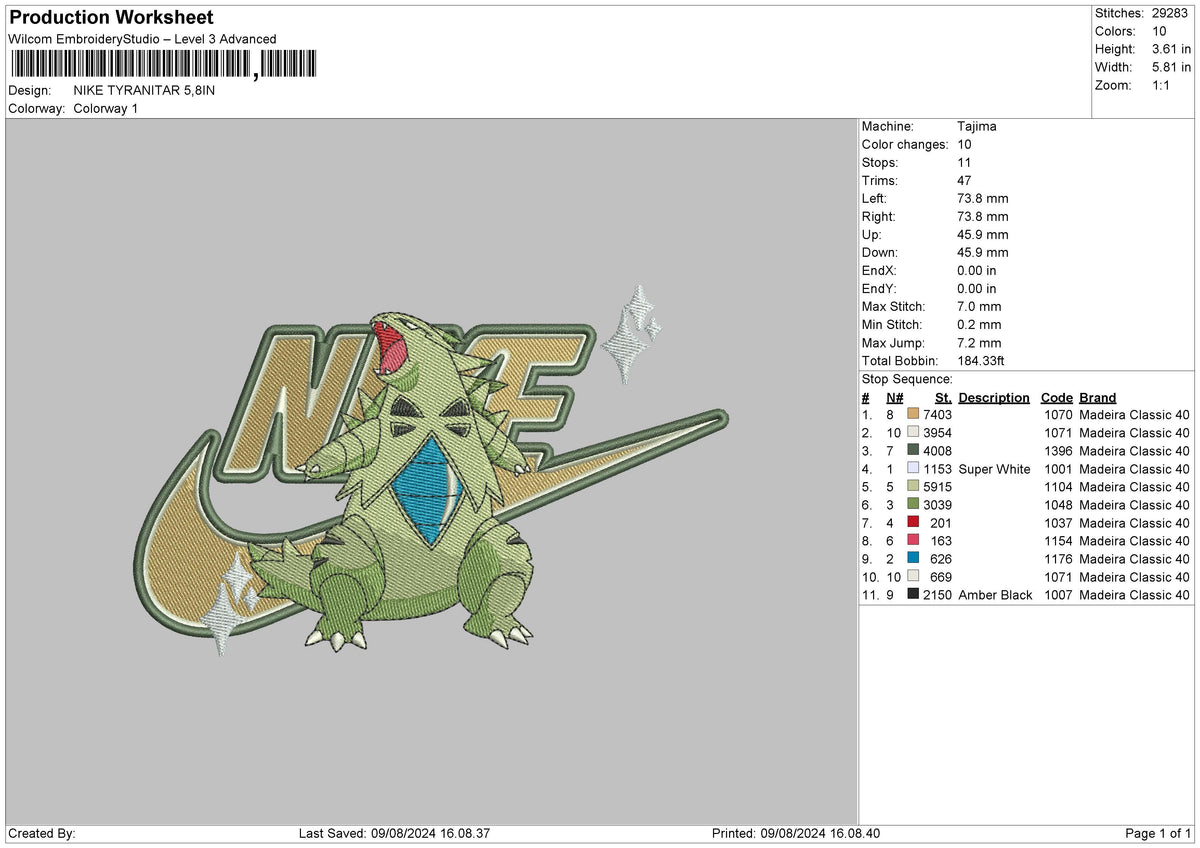 Nike tyranitar 24 Embroidery File 6 sizes