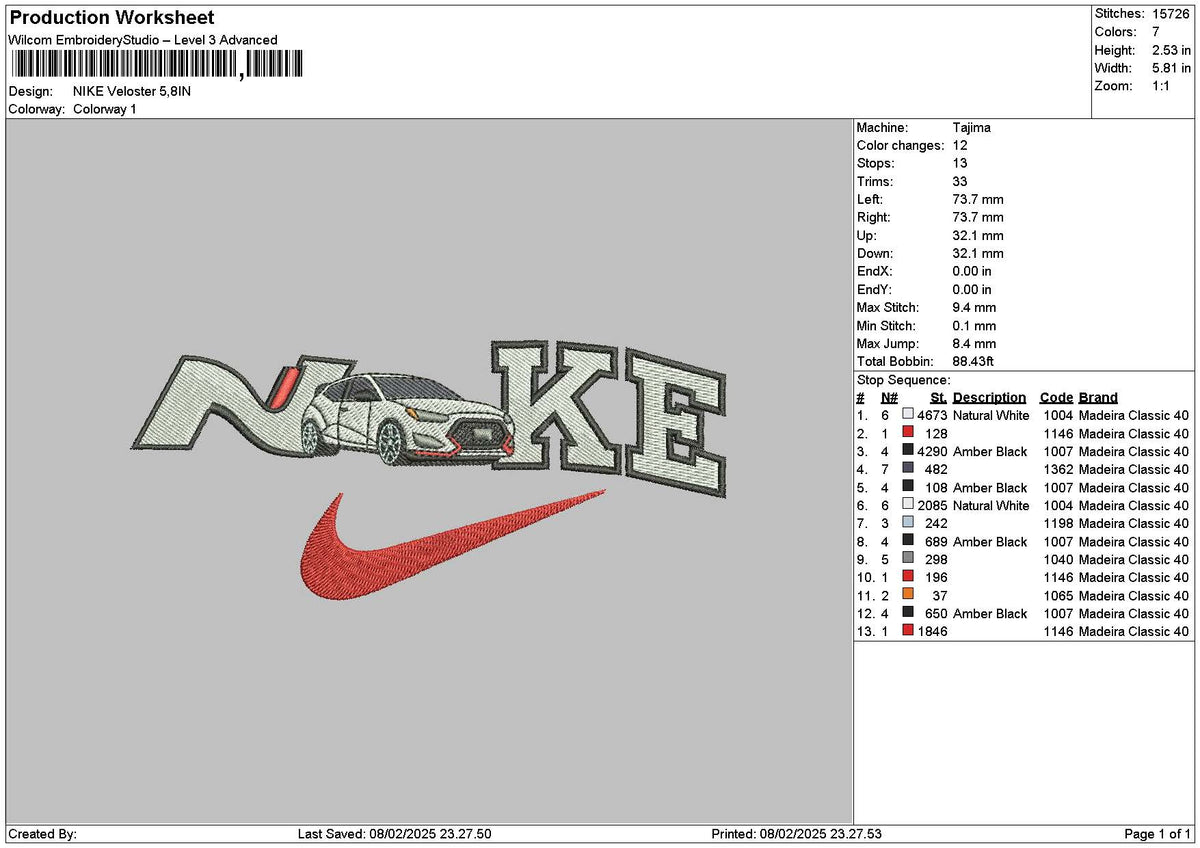 Nike Car White 0802 Embroidery File 6 sizes