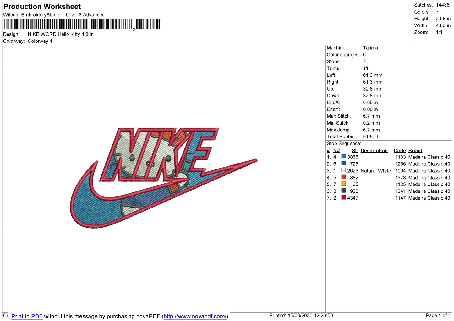 NIKE WORD Hello Kitty Embroidery File 6 size