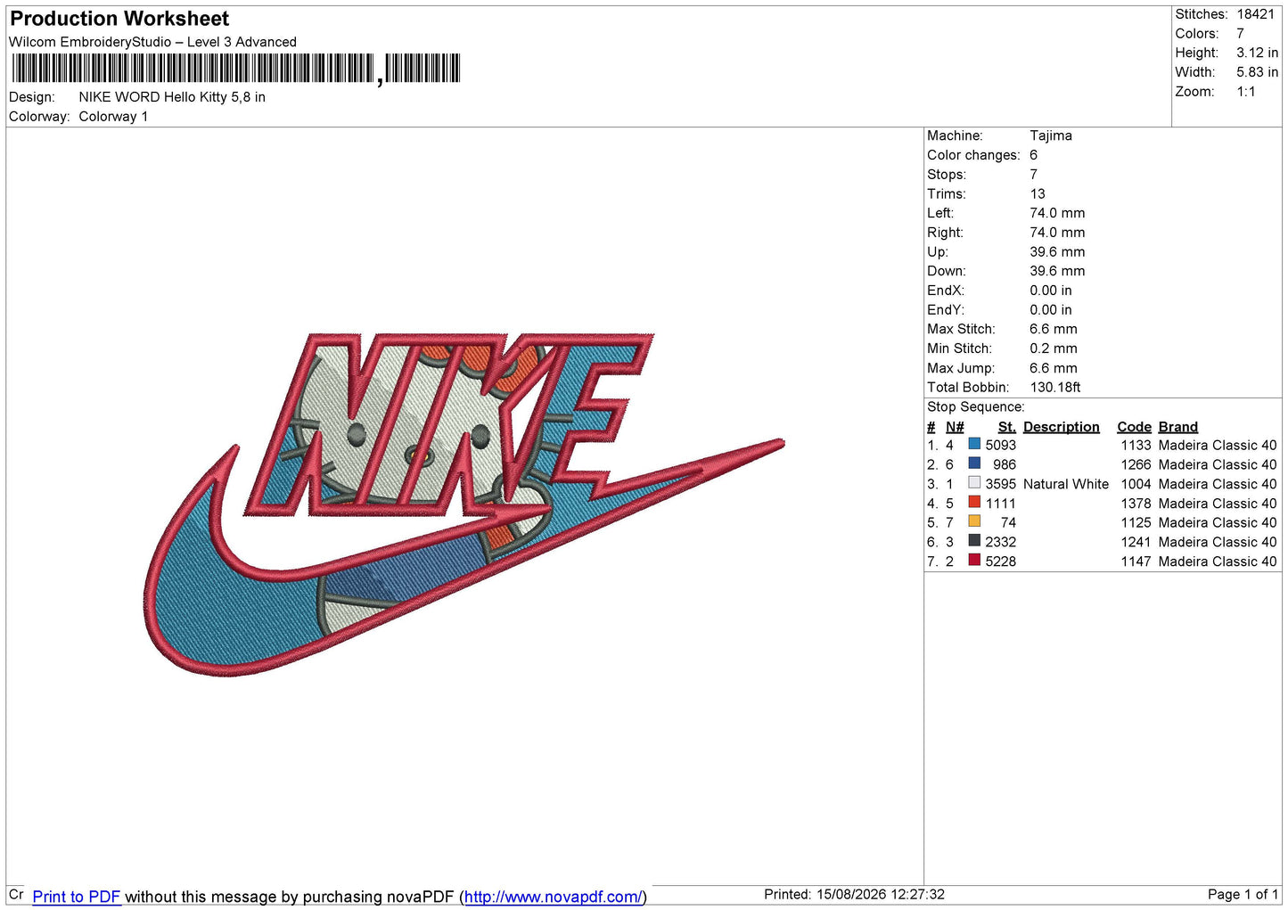 NIKE WORD Hello Kitty Embroidery File 6 size