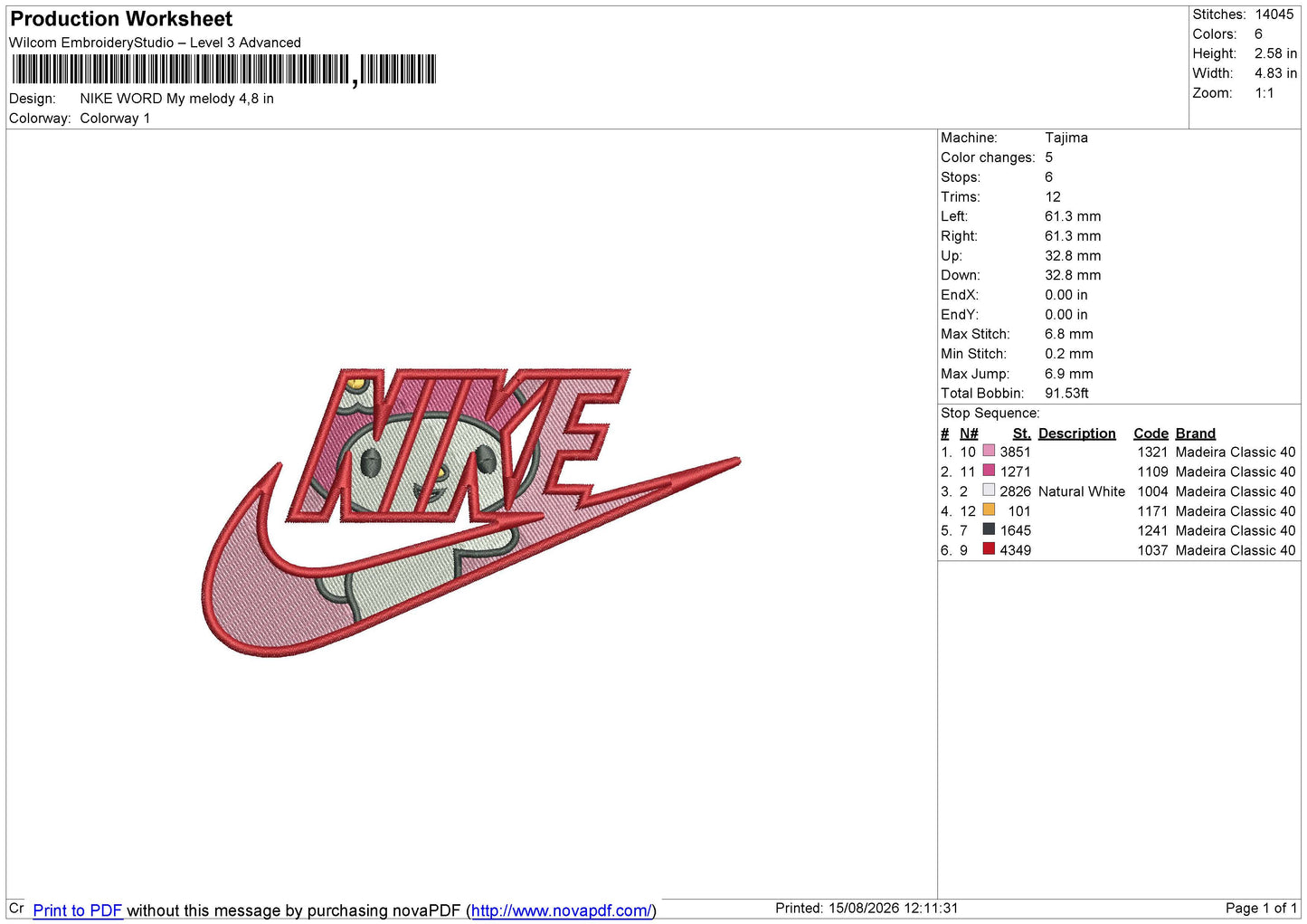 NIKE WORD My Melody Embroidery File 6 size