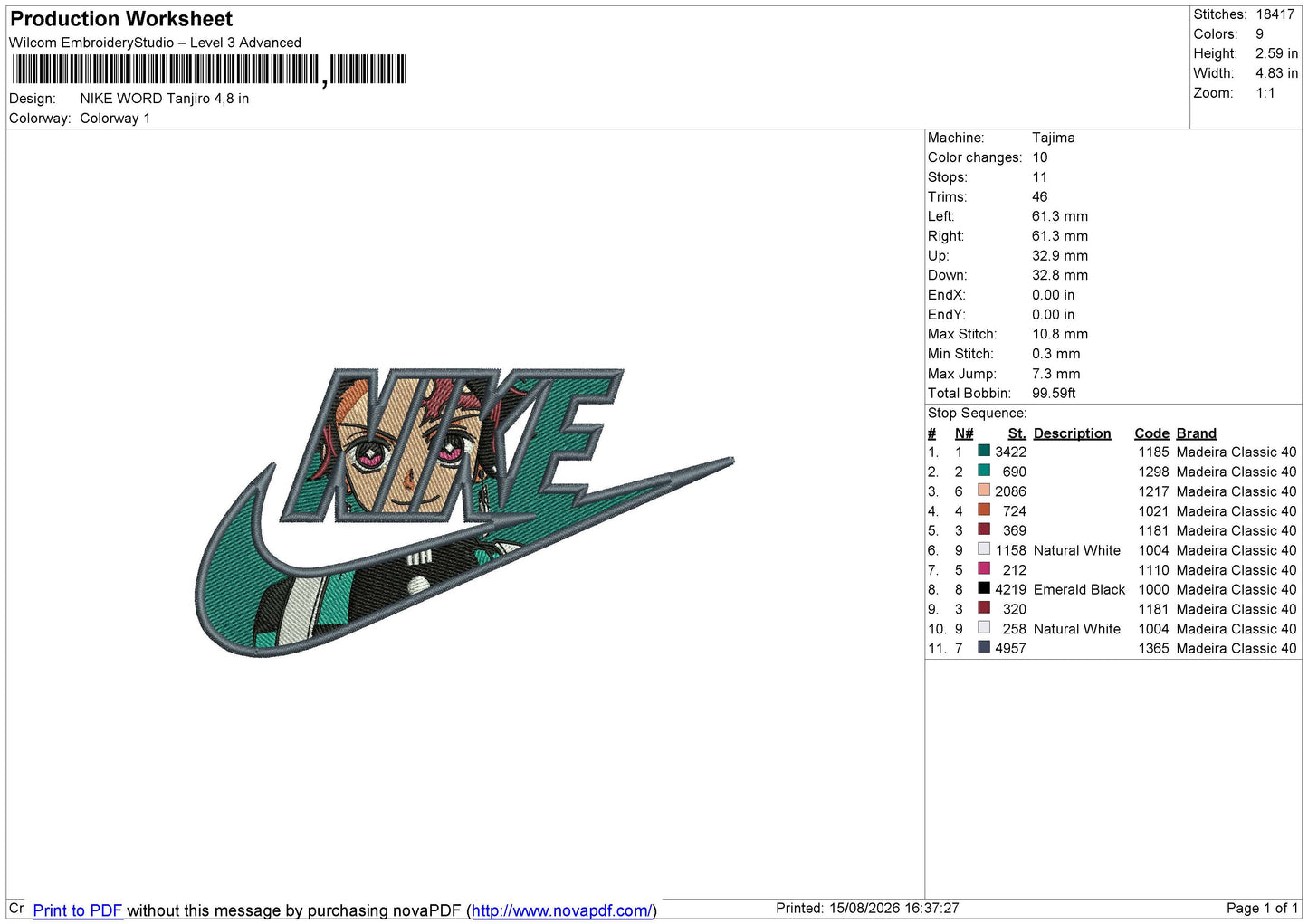 NIKE WORD Tanjiro Embroidery File 6 size