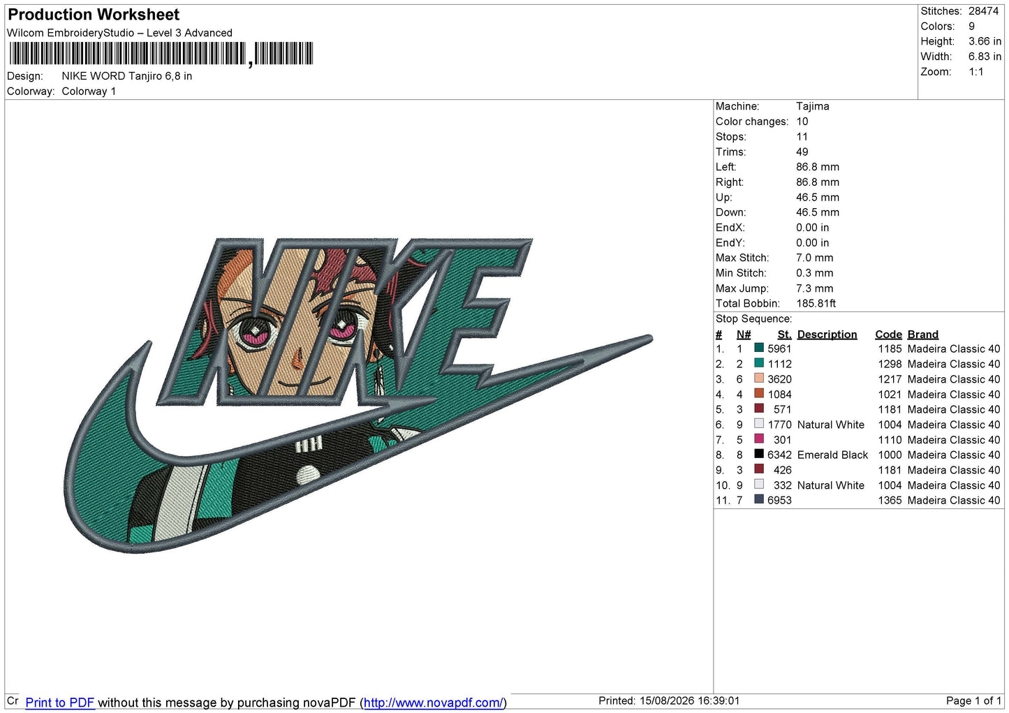 NIKE WORD Tanjiro Embroidery File 6 size