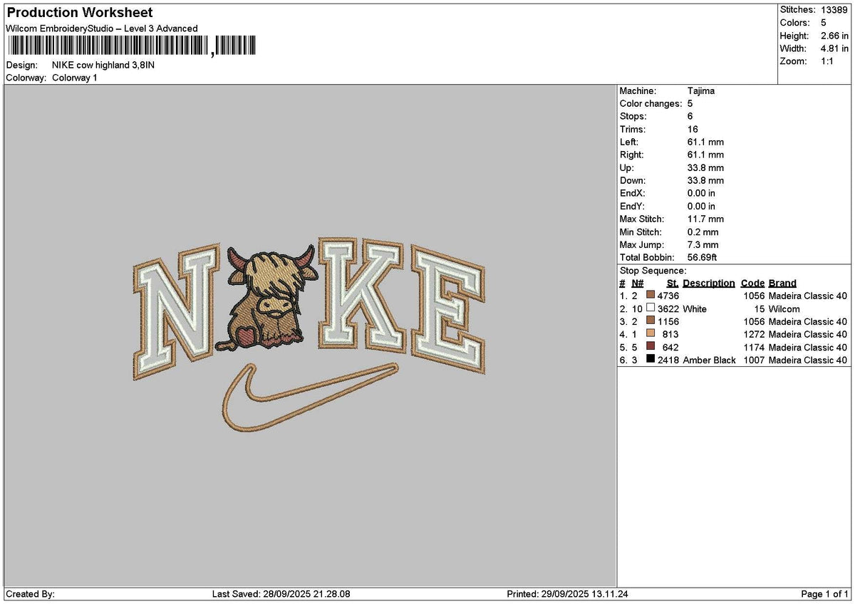 Nike Cow 2909 Embroidery File 6 sizes