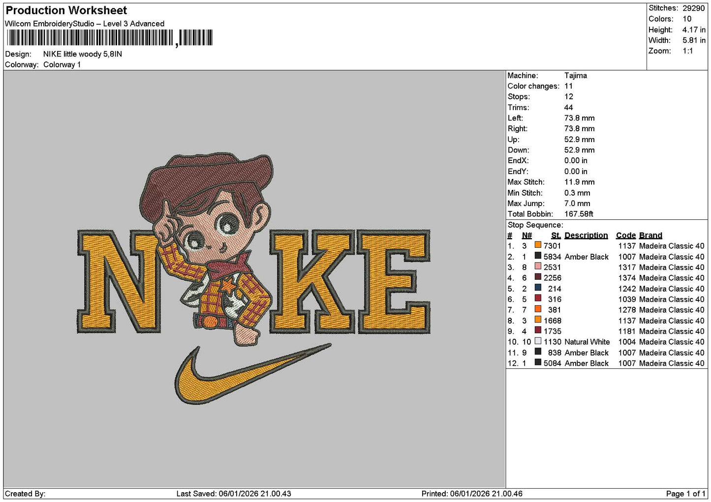 Nike Woody Chibi Embroidery File 6 sizes