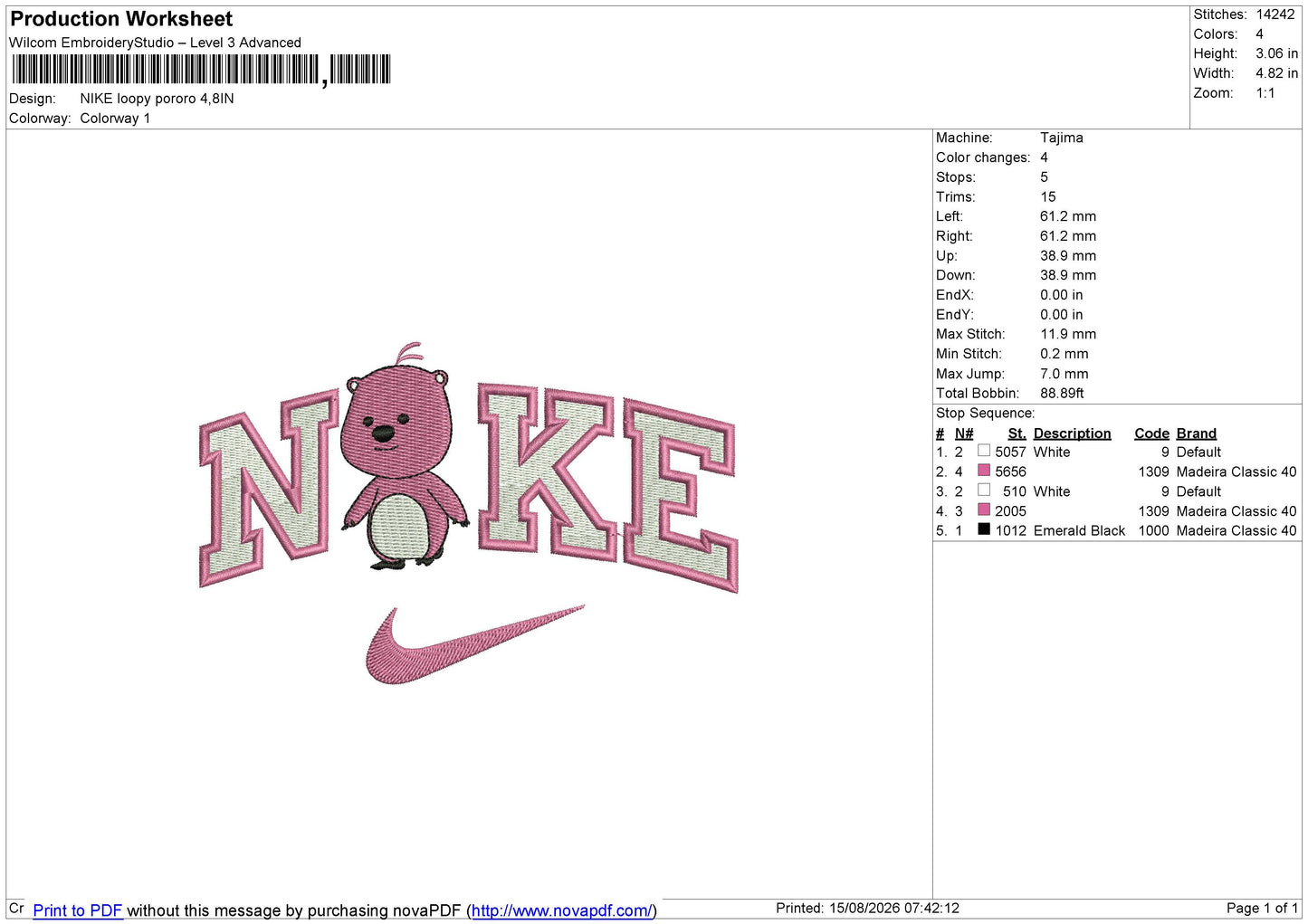 NIKE loopy pororo Embroidery File 6 sizes