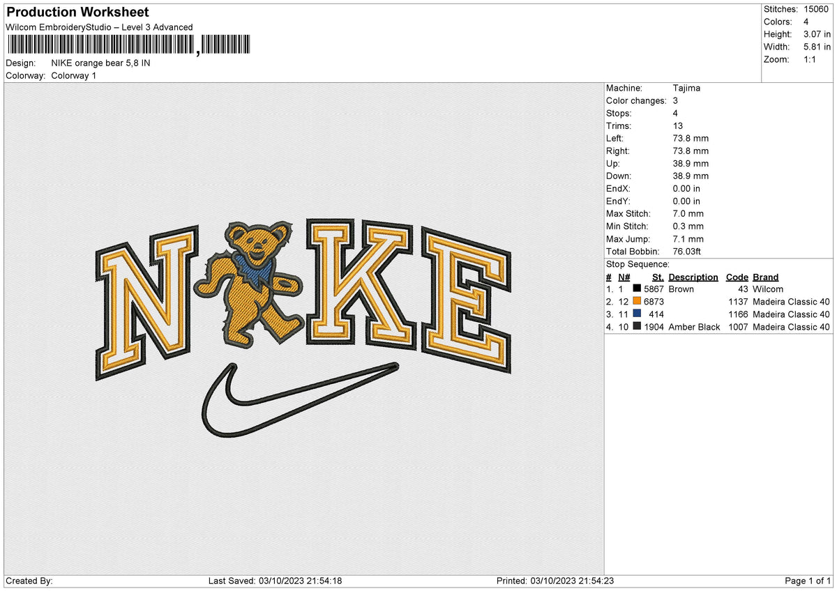 NIKE orange bear Embroidery File 6 size