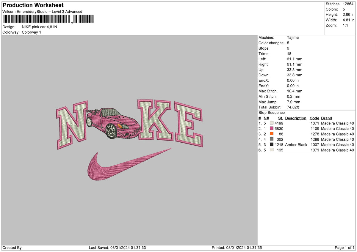 Nike Pink Car Embroidery File 6 sizes
