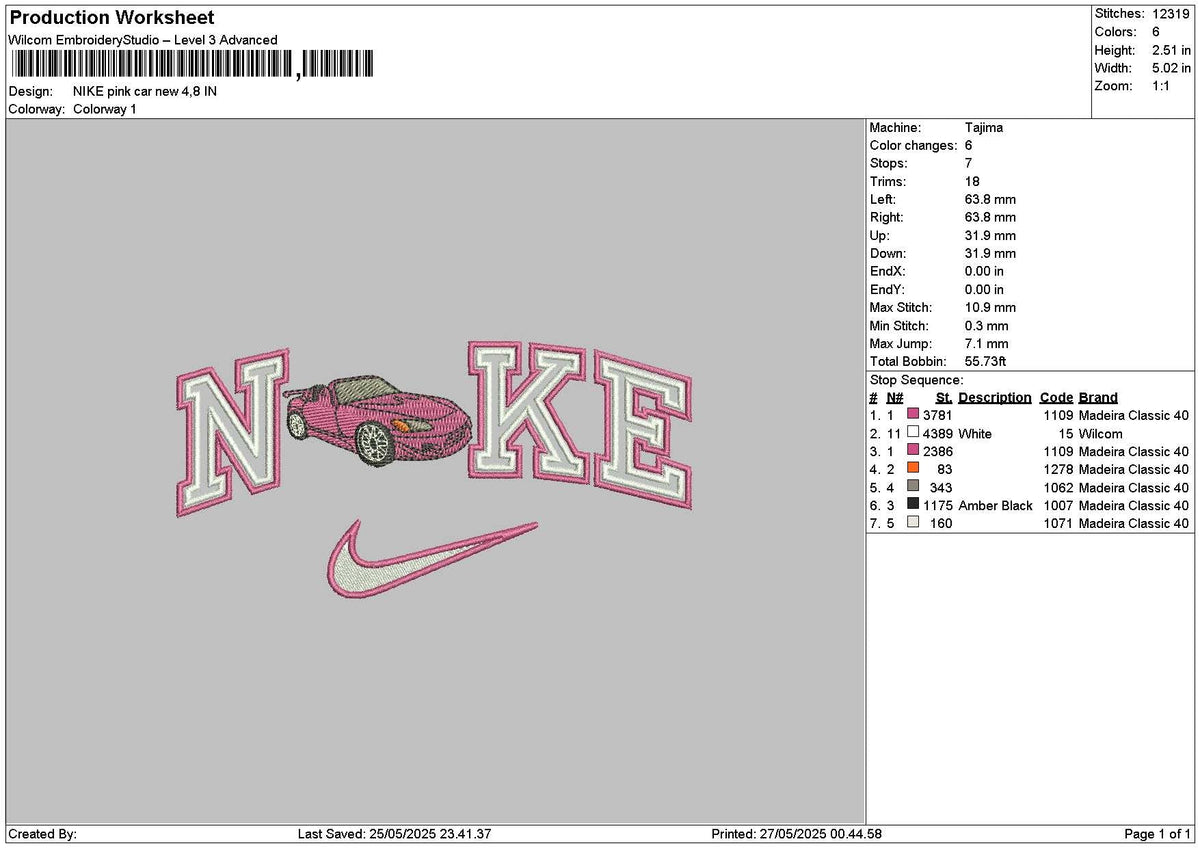 Nike Pink Car New Embroidery File 6 sizes