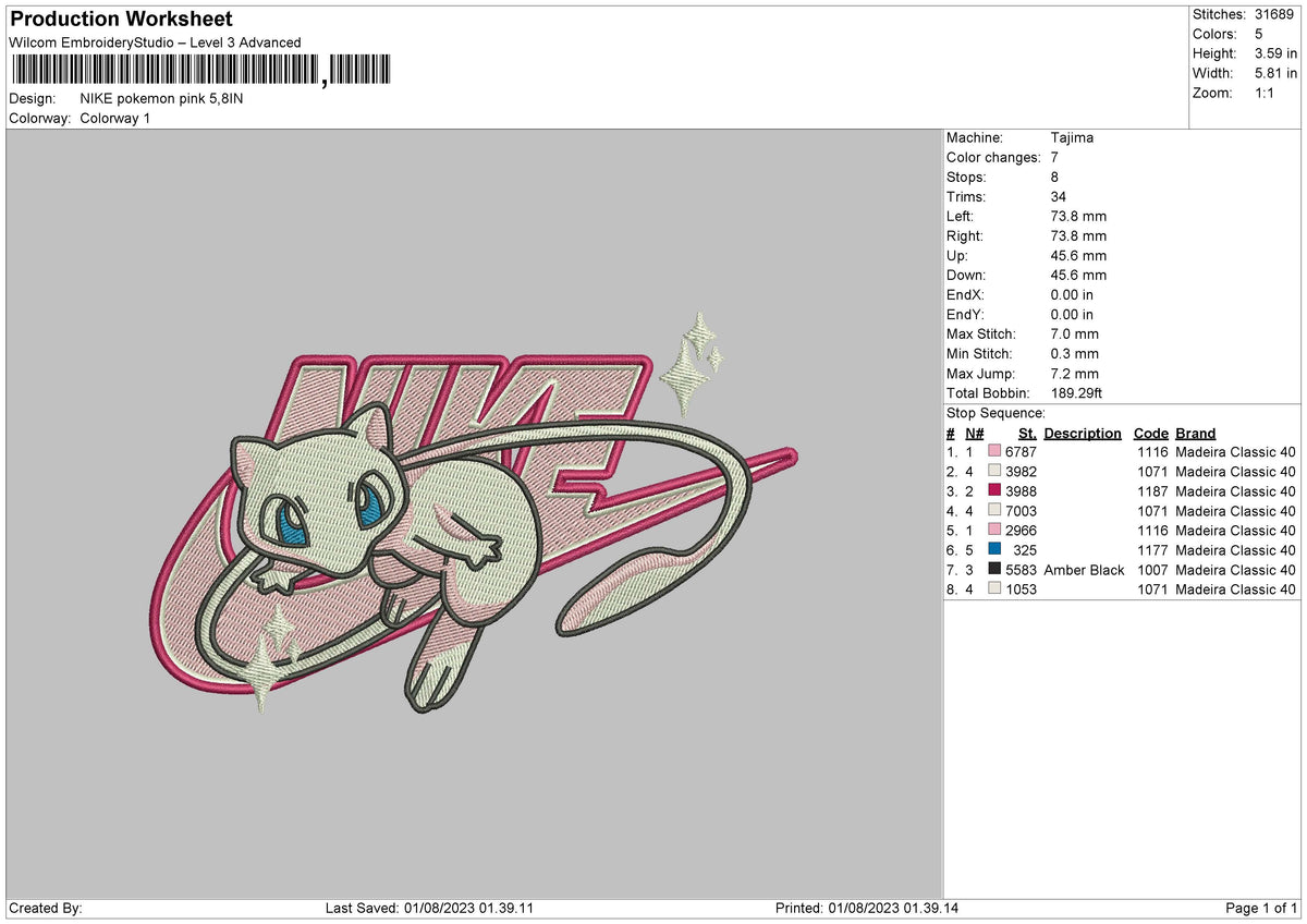 Nike Pokemon Pink Embroidery File 6 sizes