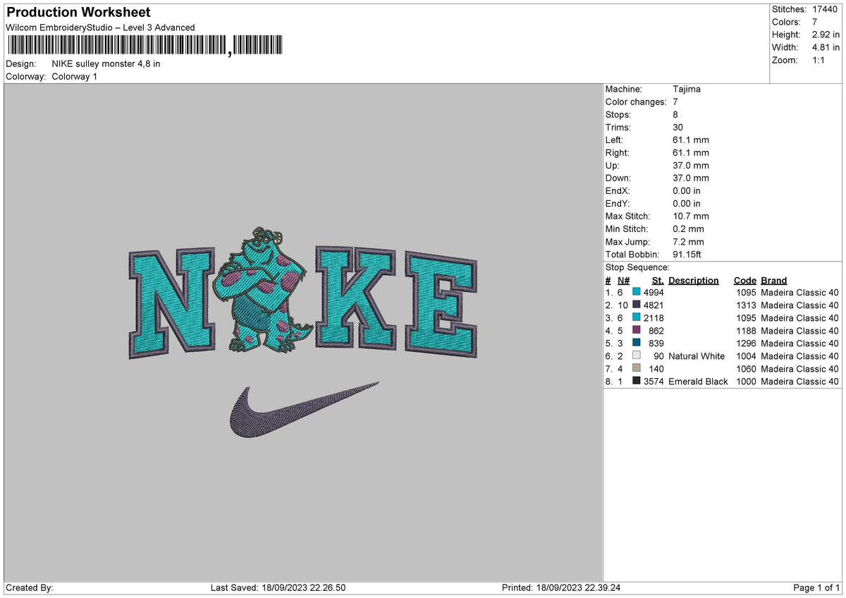 Nike Sulley Monster Embroidery File 6 sizes
