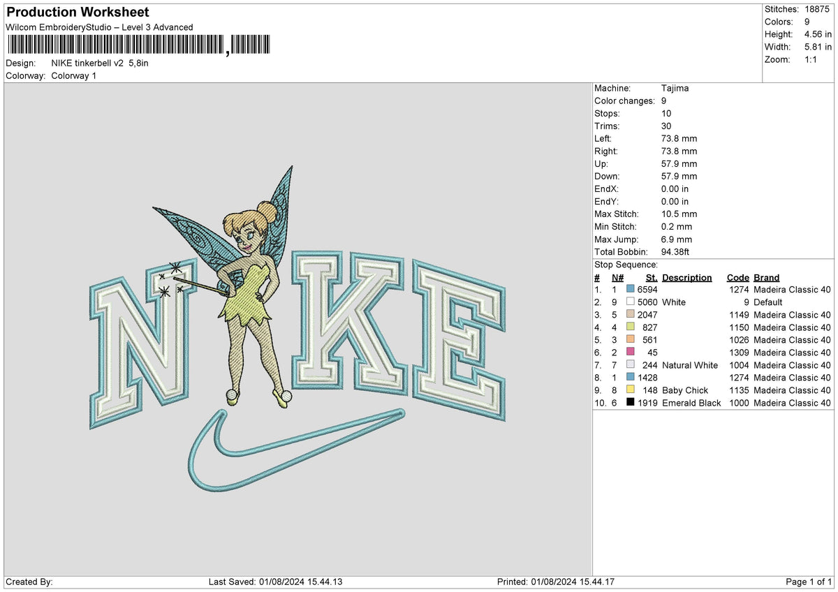 Nike Tinker Bellv2 Embroidery File 6 size