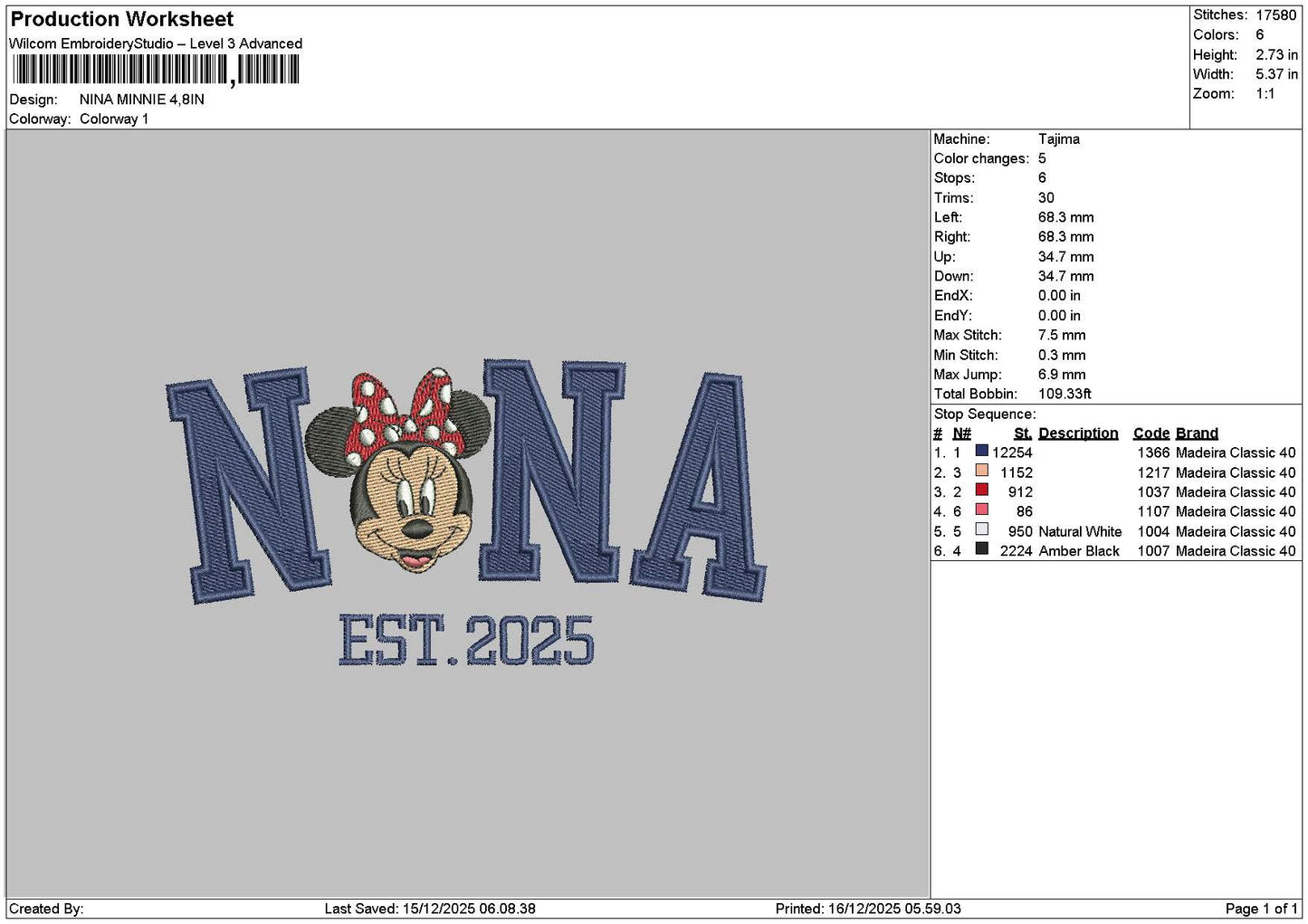 Ninatext Minnie Embroidery File 6 sizes