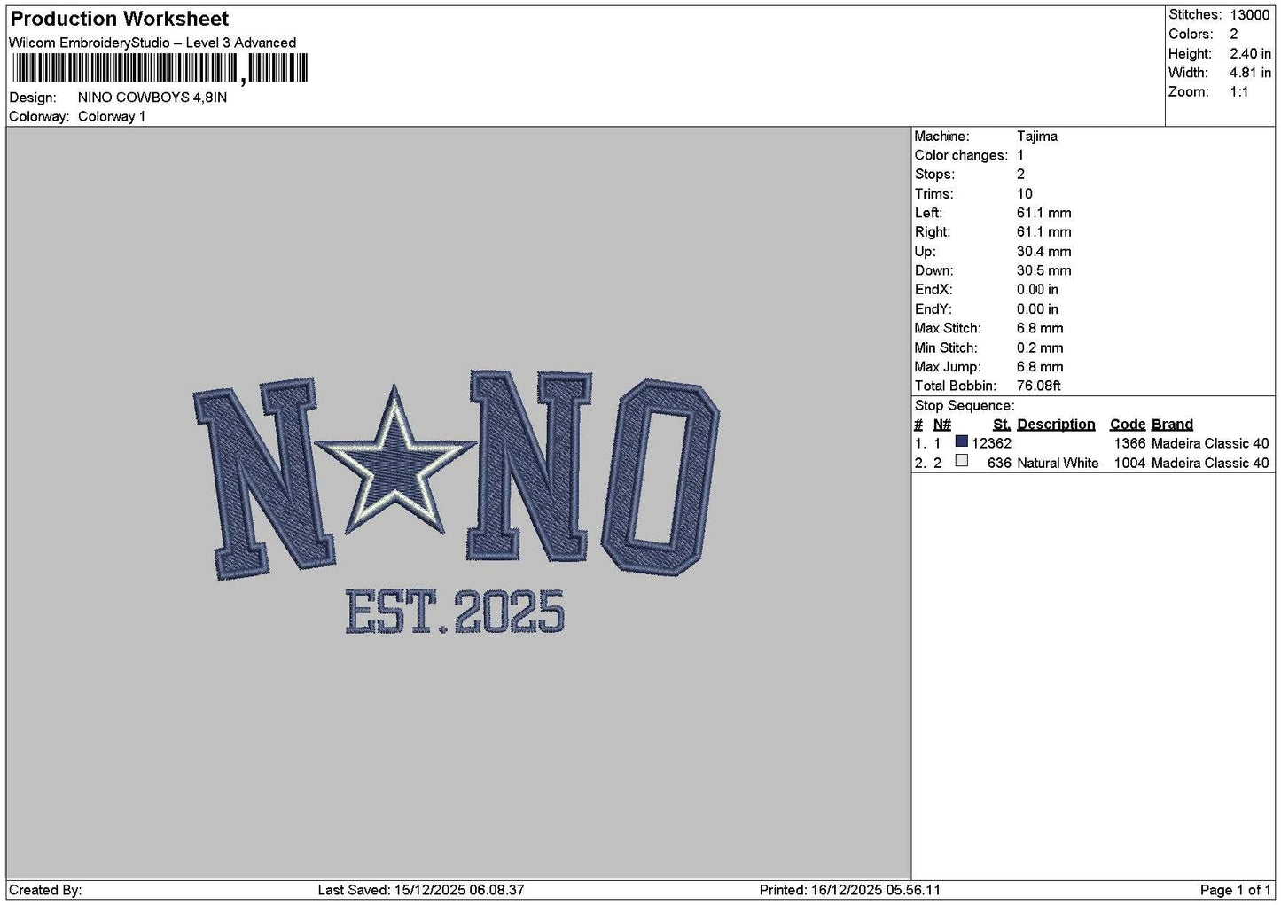 Ninotext Star Embroidery File 6 sizes