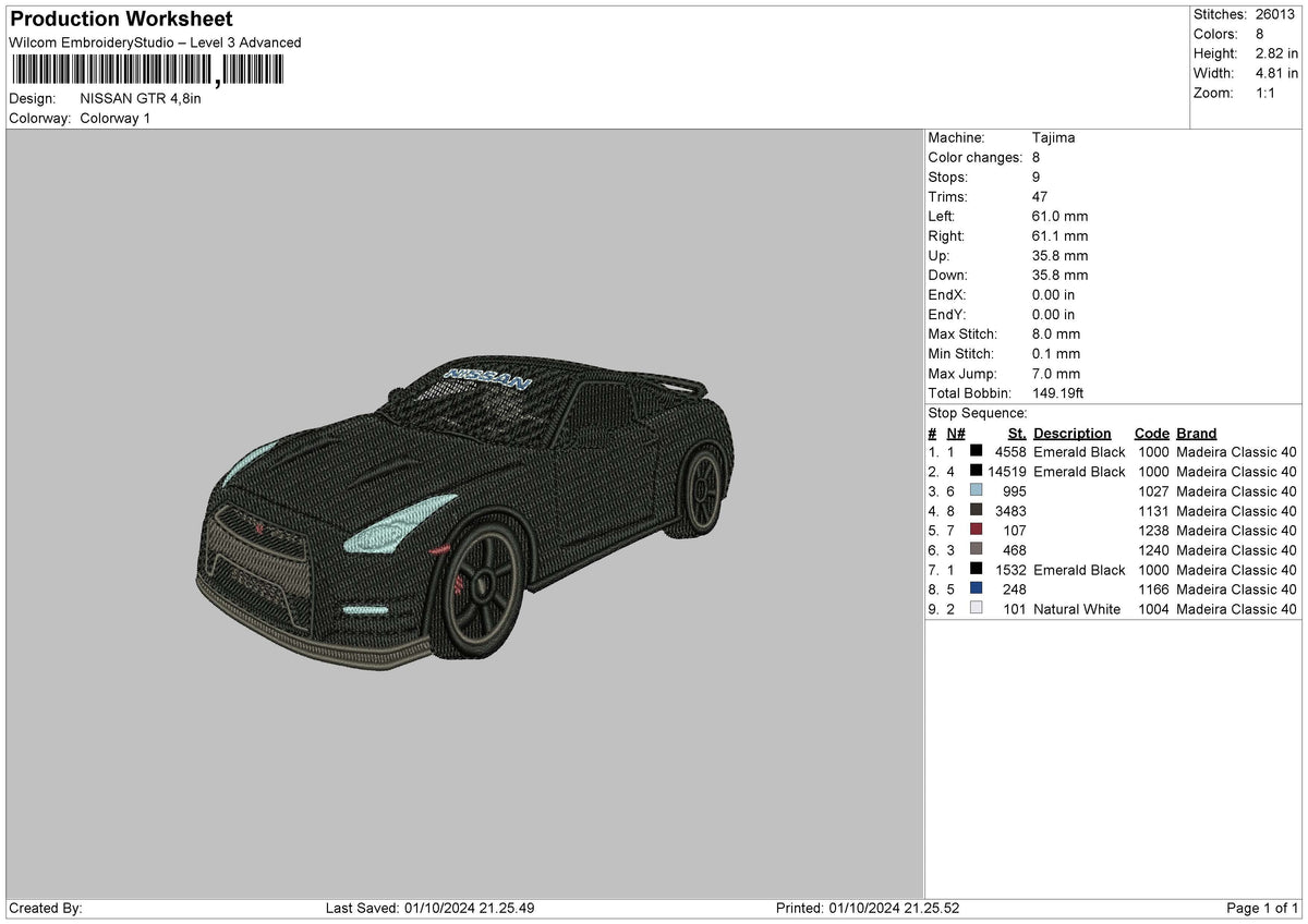 Car Gtr 03 Embroidery File 6 sizes