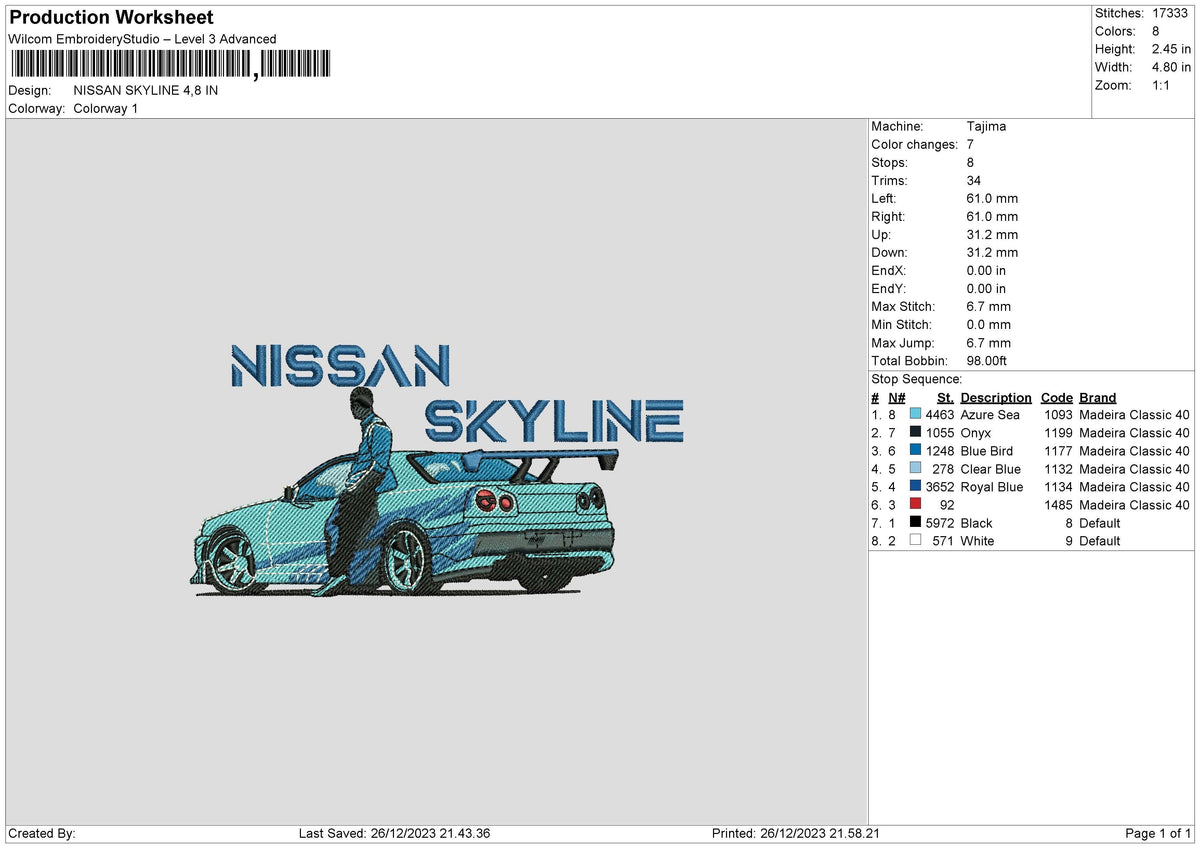 Nissan Car 2612 Embroidery File 6 sizes