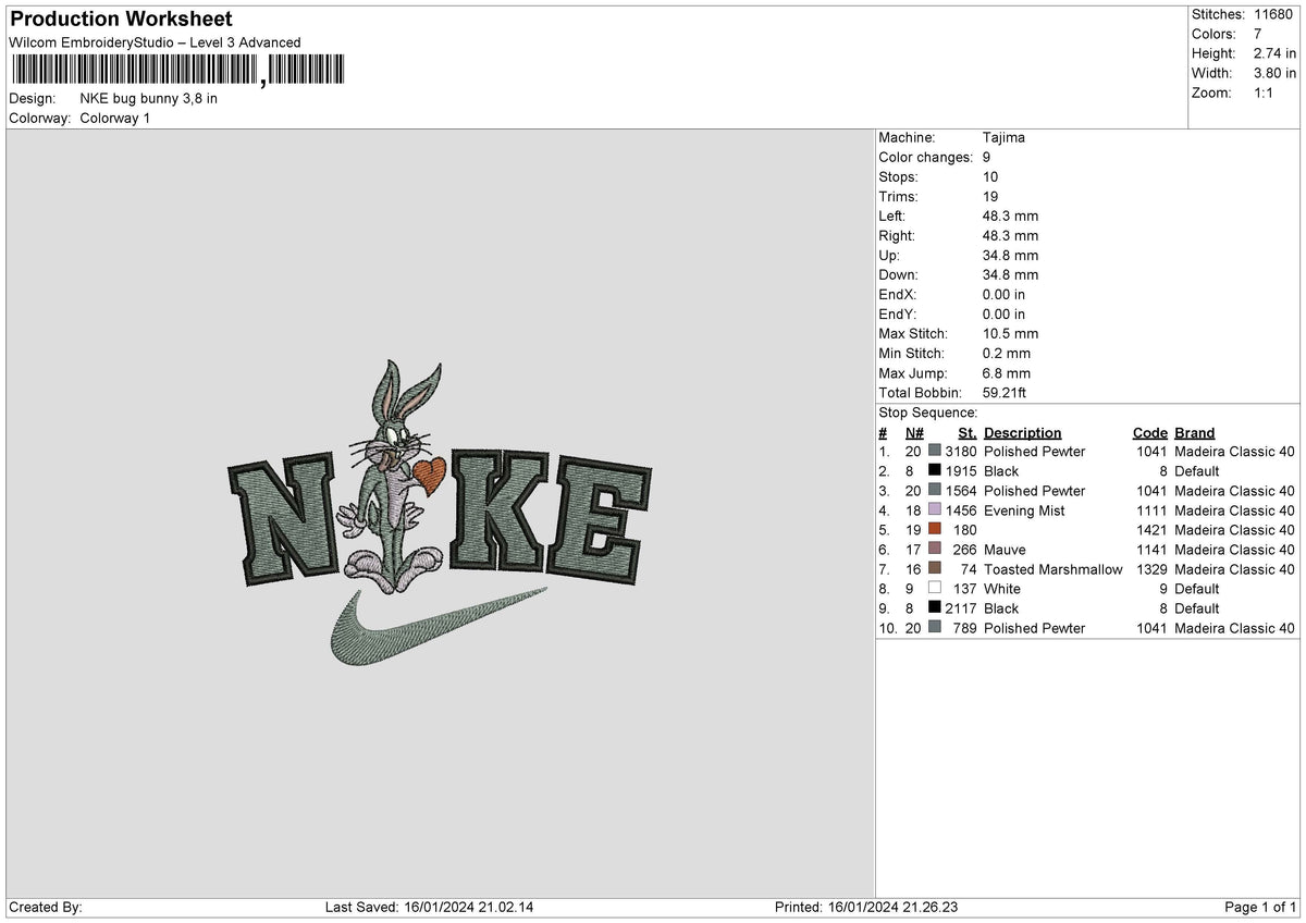 Nike Bunny02 Embroidery File 6 sizes