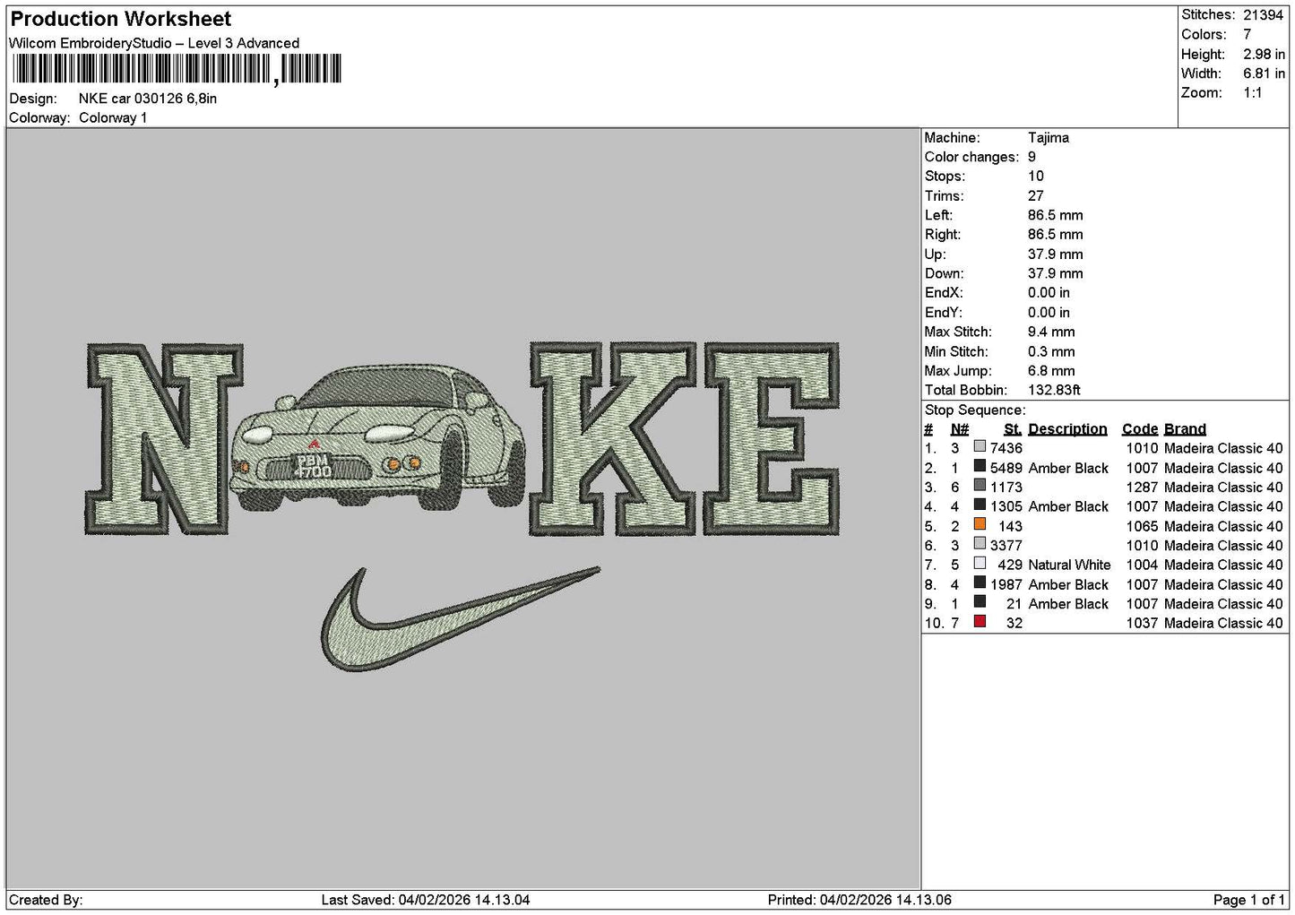 Nike car 0301 Embroidery File 6 sizes