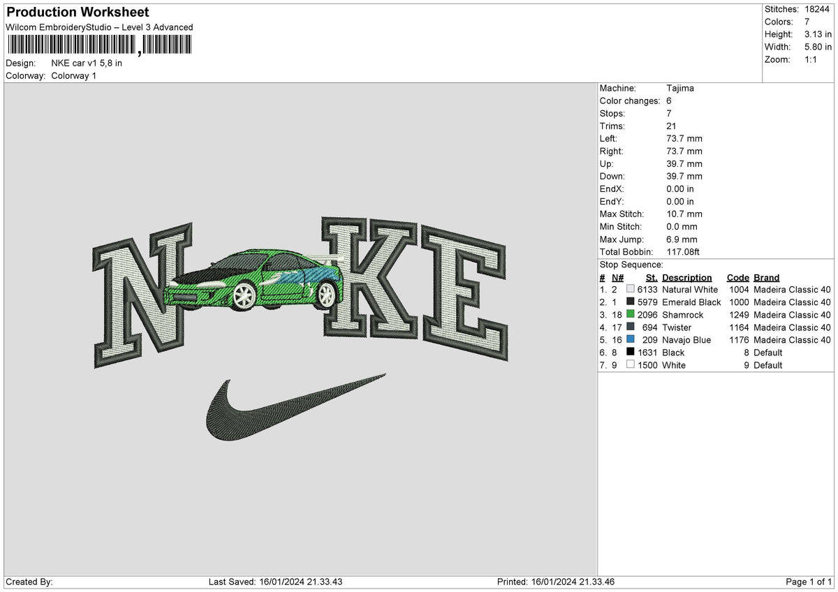 Nike Car v1 1601 Embroidery File 6 sizes