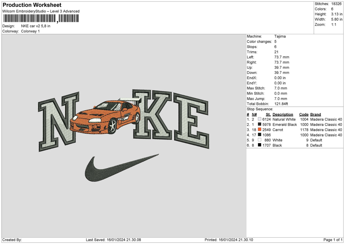 Nike Car V2 1601 Embroidery File 6 sizes