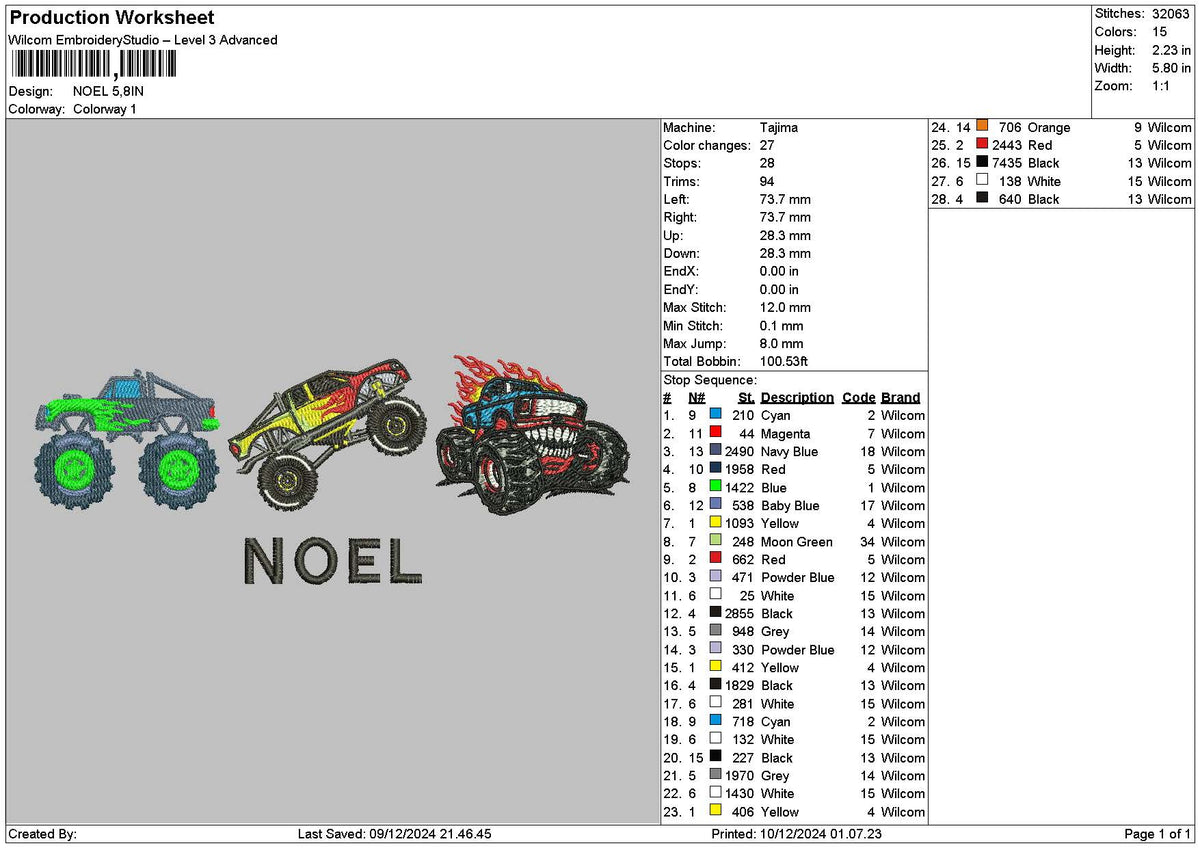 Three Trucks Embroidery File 6 sizes