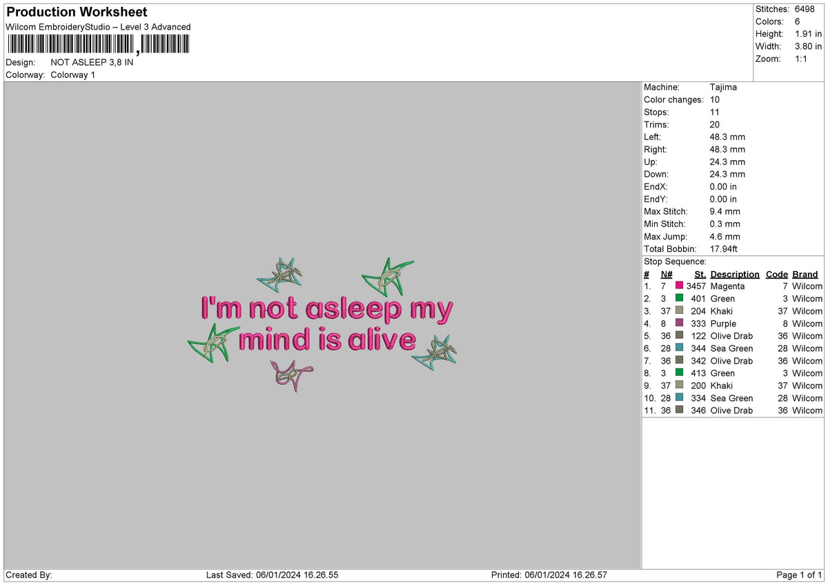 Not Asleep Embroidery File 6 sizes