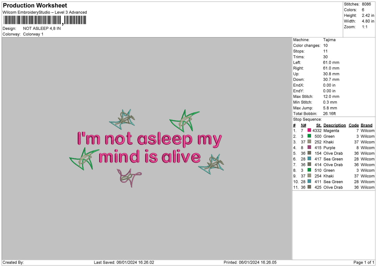 Not Asleep Embroidery File 6 sizes