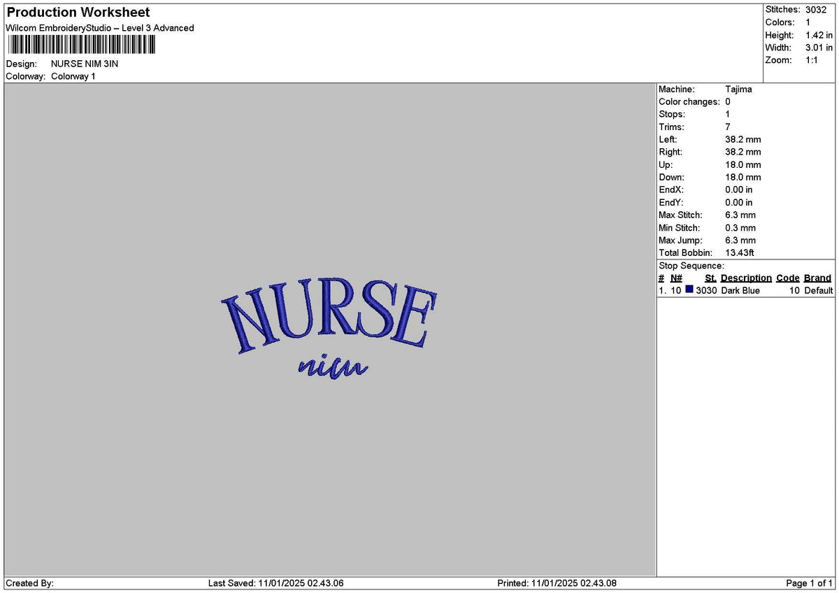 Nurse 1101 Embroidery File 6 sizes