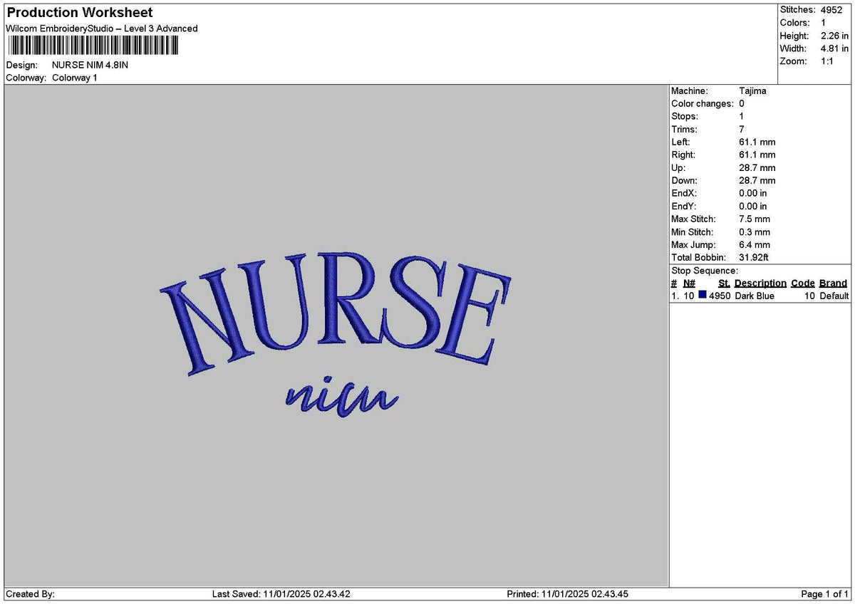 Nurse 1101 Embroidery File 6 sizes
