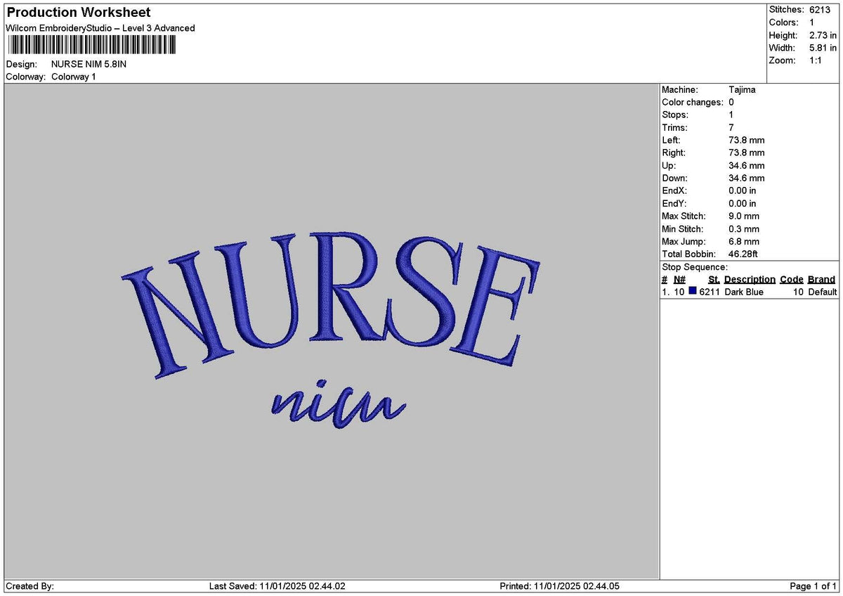 Nurse 1101 Embroidery File 6 sizes