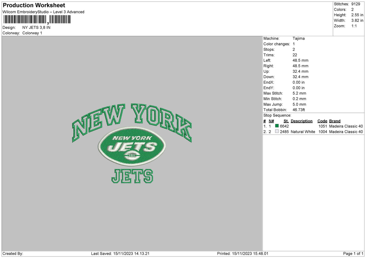 Ny Jets Embroidery File 6 sizes