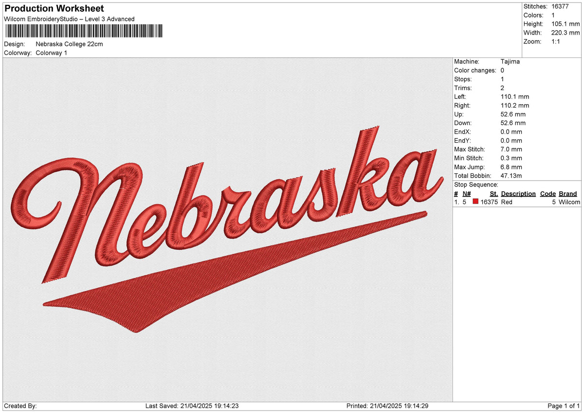 Nebraska College Embroidery File 6 size