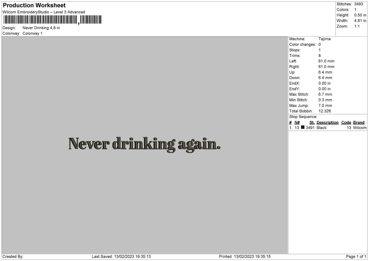 Never Drinking Embroidery File 6 sizes