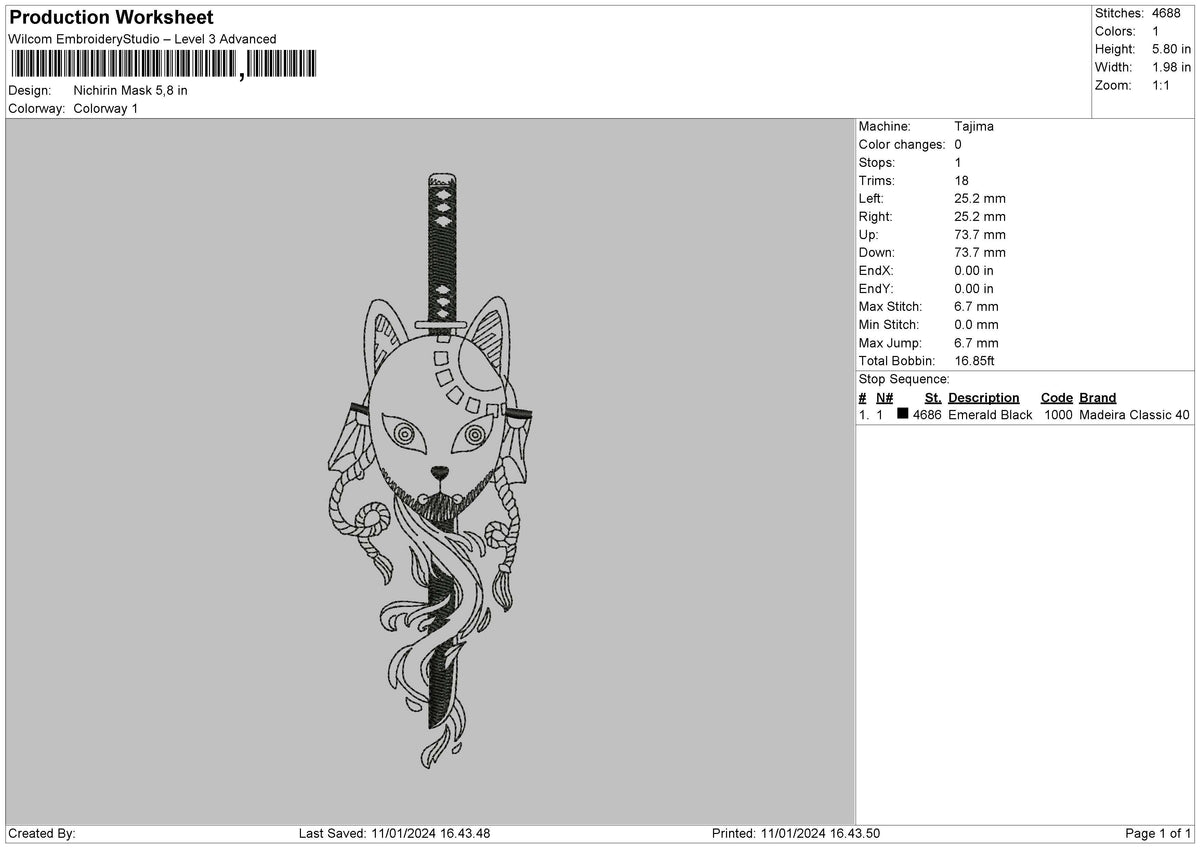 Mask1101 Embroidery File 6 sizes