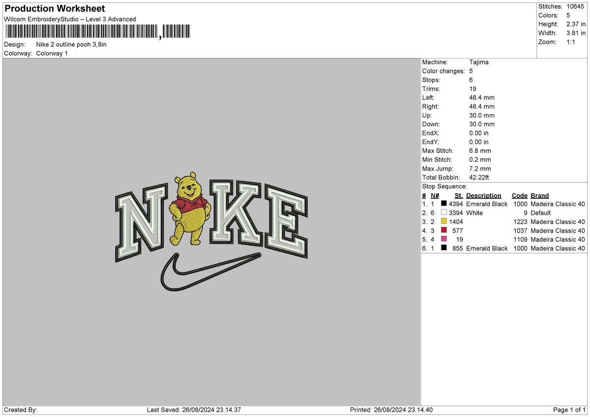 Nike Pooh 2 Outline Embroidery File 6 sizes