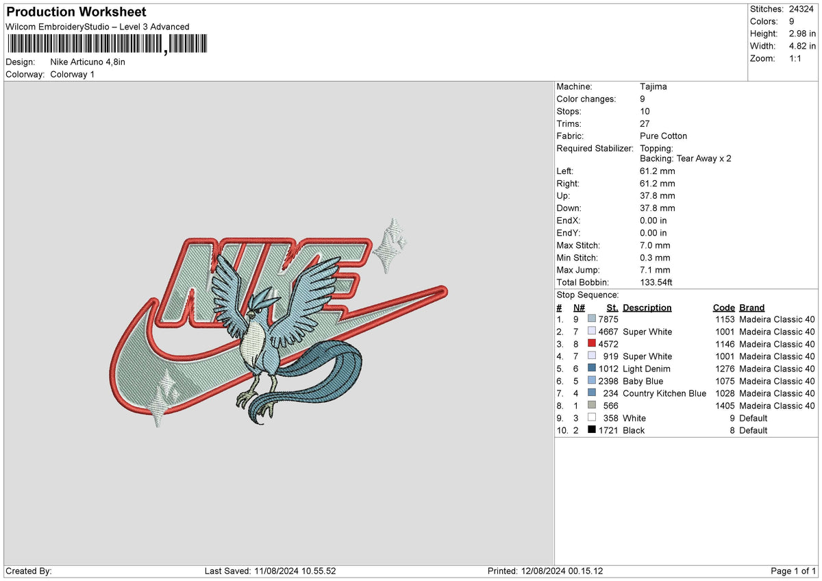 Nike Articuno Embroidery File 6 sizes