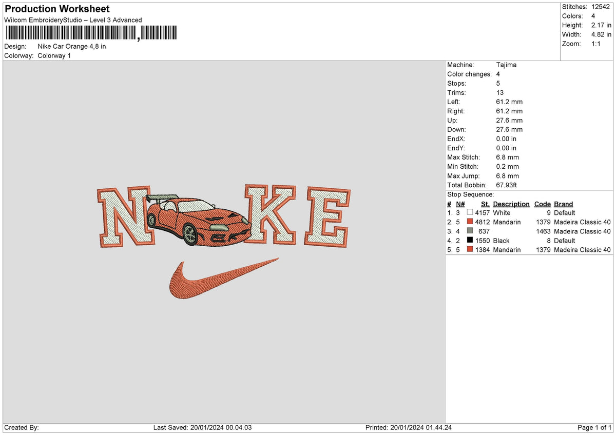 Nike Car Orange Embroidery File 6 sizes