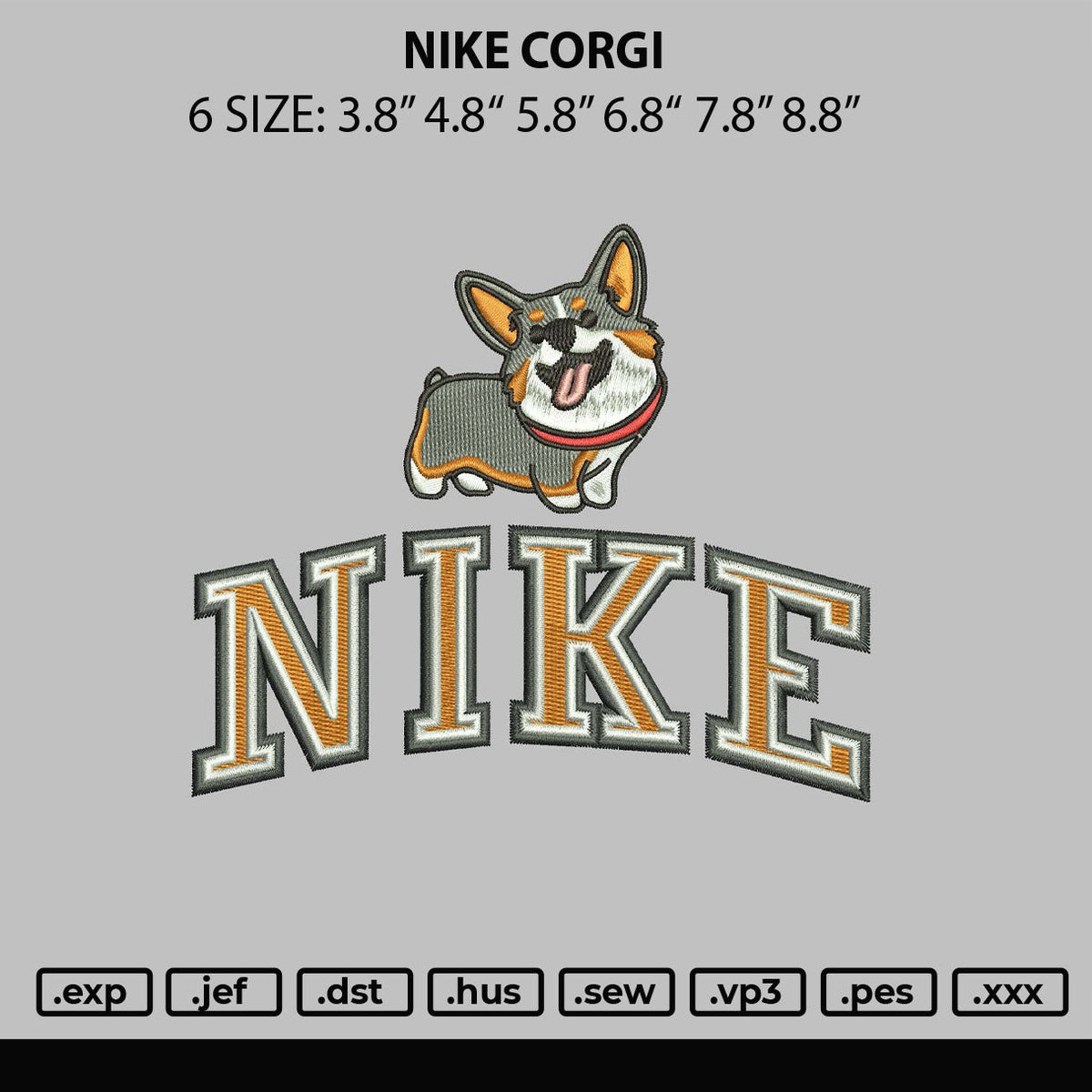 Nike Corgi Embroidery File 6 sizes